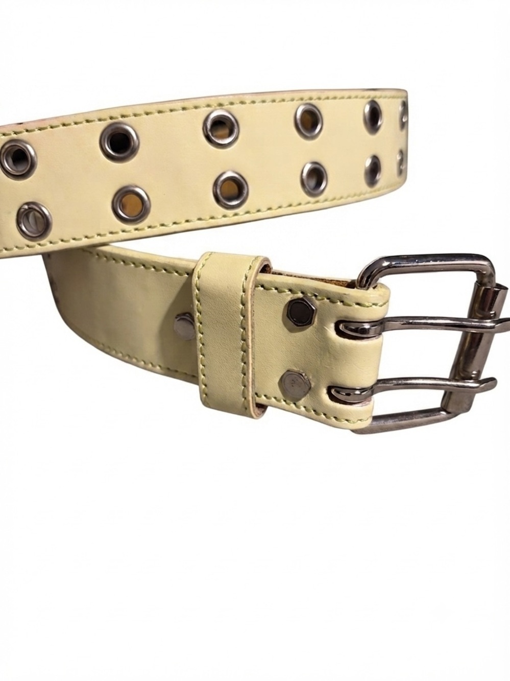 Vintage Yellow Leather Double Grommet Double Prong Buckle Y2K Grunge Indie